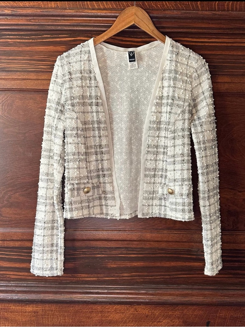 Windsor Tweed Cropped Blazer Jacket Open Front Gray Cream Plaid Medium